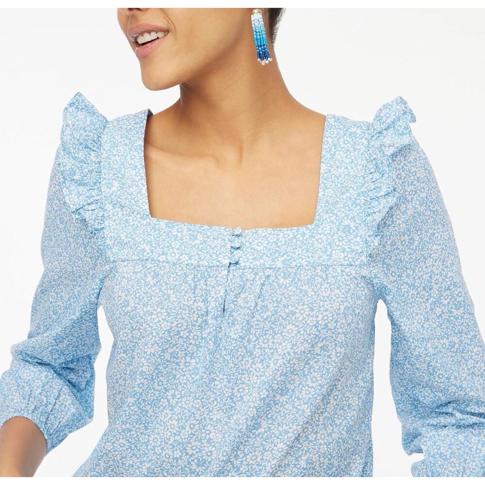 J. Crew Blue Large BR779 Cotton Floral Square neck Ruffle Top J- NWT - Picture 2 of 14